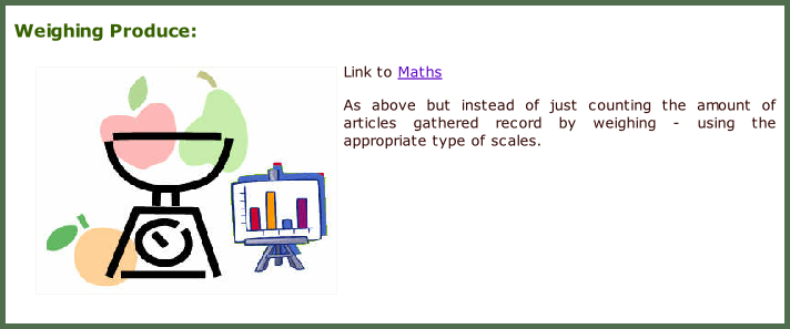 Weighing Produce:  Link to Maths  As above but instead of just counting the amount of articles gathered record by weighing - using the appropriate type of scales.