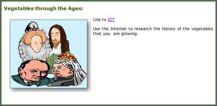 Vegetables through the Ages:  Link to ICT  Use the Internet to research the history of the vegetables that you&nbsp;&nbsp;are growing.